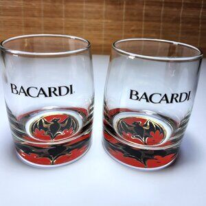 Bacardi Rum Cocktail Glass Bat Logo Lot of 2 Weighted lo-ball Collectable 10oz